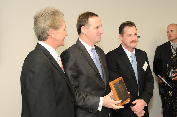 The Hon John Key officially opens LHF's new factory, with Chairman Pierre van Heerdan and GM Bennie Hendricks